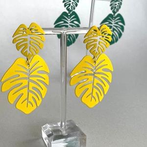 Leaf earrings, laser cut metal dangley leaves, monstera plant, palm leaf, plant earrings