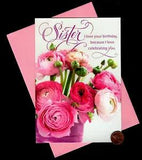 HALLMARK Birthday Ranunculus Flowers GLITTERED Sister Greeting Card W/ TRACKING