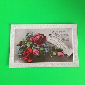 Vintage Glossy Colored Red Rose Aqua Blue Forget Me Not Flower Bouquet Happy Returns Of The Day/ Thinking Of You/ Embossed Ephemera Postcard