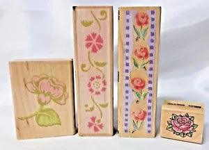 Flowers & Roses Wood Mounted Stamps-Lot Of 4! Carnations Flower Vine