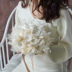 Preserved Cream White roses &Hydrangea Pampas Grass wedding bouquet Dried Bridal bouquet/Wedding decor,Rustic Boho Brides,Bridesmaid bouquet