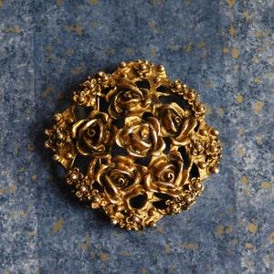 Vintage Large Goldtone Rose Bouquet Brooch - Openwork Cast Metal - 1930s Pin - Dimensional 3-D Naturalistic Roses - Gold Washed