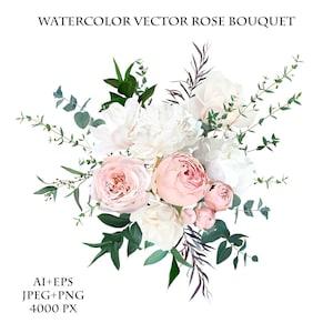 Blush pink garden roses, ranunculus, white peony, magnolia flowers vector design bouquet. Wedding floral and greenery. White, beige tones