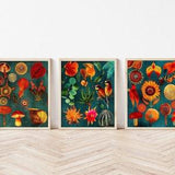 Colorful Watercolor Forest, 3 Piece Wall Art, Botanical Print Set, Wildflower Print Set, Sunflower Art Set, Vibrant Art, Mushroom Poster