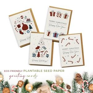 MERRY CHRISTMAS CARD, New Year Cards, Plantable Seed Cards, Holiday Card Pack, Happy Holiday/Christmas 4 Cards With Envelopes, Biodegradable