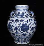 15.3" Chinese Porcelain yuan dynasty Blue white peony flower double ear Jar pot