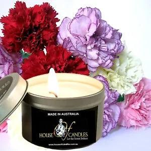 FRESH CARNATIONS Scented Eco Soy Tin Candle Weddings Birthdays Christmas