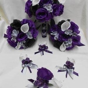 Wedding Silk Flower Bridal Bouquets Package Calla Lily Black Purple Eggplant  Plum Rose Silver Grey Bride Boutonniere Corsages New