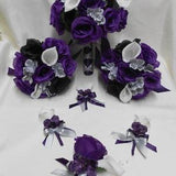 Wedding Silk Flower Bridal Bouquets Package Calla Lily Black Purple Eggplant  Plum Rose Silver Grey Bride Boutonniere Corsages New