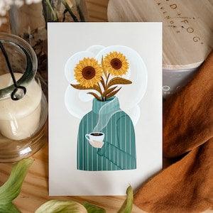 Sunflower Coffee Print | Floral Design, Wall Art Print, Soft Illustration, Nature, Boho, Cute, Surreal, Coffee, Cafe, Latte, Steam, Abstract
