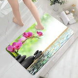 Orchids And Zen Stone Reflection in Water Bath Mat Meditation Design Waterproof Fabric