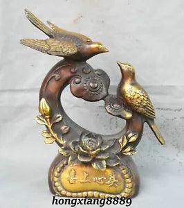 11" Old China Pure Bronze Gild Peony Flower Ruyi Double Magpie Bird Statue