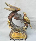 11" Old China Pure Bronze Gild Peony Flower Ruyi Double Magpie Bird Statue