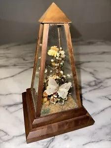 Vintage Dunston Glass Enclosed Dried Butterfly Flower Arrangement Brazil  9x 5"