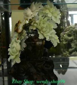 18" Chinese Natural Xiu Jade Carving Peony Flower Bird Barrel Luck Sculpture