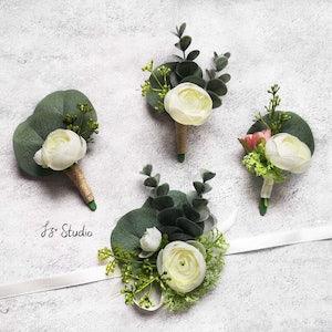 Eucalyptus Ranunculus Boutonniere Wrist Corsage Set Rustic Wedding Fake Boutineer Wristlet Flower Lapel Pin for Men Ivory Greenery
