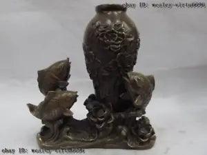Chinese classicality Folk bronze copper three lucky fish lotus flower peony vase