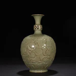 10.2" China Old Porcelain song dynasty yaozhou kiln cyan glaze peony flower Vase