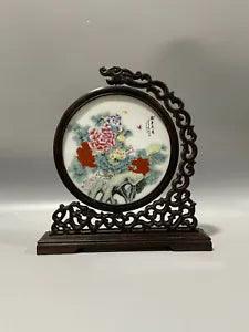 China Porcelain Tile Plaque Painting Peony Flower Wenge Wooden Dragon Head ?????????