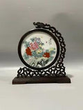 China Porcelain Tile Plaque Painting Peony Flower Wenge Wooden Dragon Head ?????????