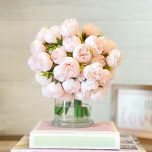 Light Pink 54 Smaller Head Peonies, Centerpiece, Faux Flower Arrangement | French Country | Arrangement in Clear Glass Vase | Modern Style