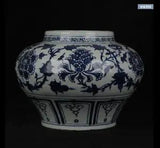 10.6"Antique yuan dynasty Porcelain Blue white interlock branch peony flower pot