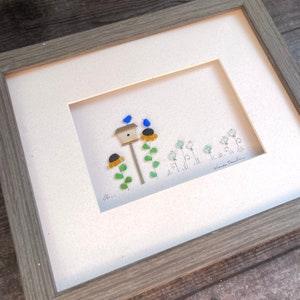 Seaglass Art, 8 by 10, Bluebirds, sunflowers and birdhouse