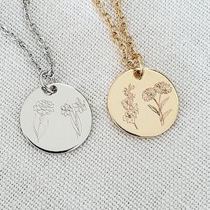 Combined Birth Month Flower, Birth Flower Necklace for Her, Custom Engraved Jewellery, Personalized gift for Her