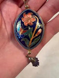 VTG CLOISONNE' LILY AND BUTTERFLY PUFFED MEDALLION TASSEL ROPE NECKLACE-22" L