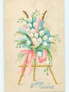 NEW LISTINGPre-Linen art nouveau LILY OF THE VALLEY FLOWERS ON STAND & PINK RIBBON HJ3592