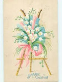 NEW LISTINGPre-Linen art nouveau LILY OF THE VALLEY FLOWERS ON STAND & PINK RIBBON HJ3592