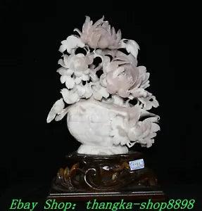 NEW LISTING19" China Natural Pink Xiu Jade Carve Peony Bird Magpie Flower Basket Statue