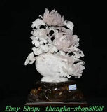 NEW LISTING19" China Natural Pink Xiu Jade Carve Peony Bird Magpie Flower Basket Statue