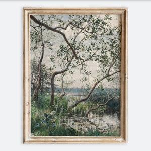 Vintage European Rustic Water Vegetation Plants Garden Meadow Oil Painting Art Print, Neutral Landscape Poster, Antique Moody Farmhouse VP96