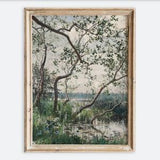 Vintage European Rustic Water Vegetation Plants Garden Meadow Oil Painting Art Print, Neutral Landscape Poster, Antique Moody Farmhouse VP96