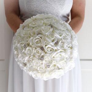 Winter Wedding Bridal Bouquet in Ivory White, Wedding Bouquet Faux with rhinestones crystals and Pearls, Winter Wonderland Wedding Flowers