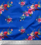 Soimoi Blue Velvet Fabric Leaves & Ranunculus Floral Fabric Prints-nm0