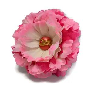 5 inch Double Peony Variegated Pink White Silk Flower Hair Clip Handmade Prom