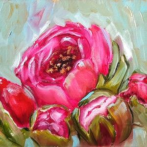 Flowers Oil Painting Original Art Pink Flower Decor Kitchen Wall Art Floral Painting