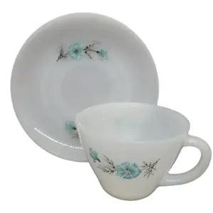 New Vintage Fire King Oven Ware Bonnie Blue Carnation Flower Tea Cup Mug & Plate