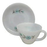 New Vintage Fire King Oven Ware Bonnie Blue Carnation Flower Tea Cup Mug & Plate