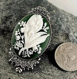 GREEN LILY OF THE VALLEY FLOWERS Cameo BROOCH PIN Antiqued Silver VICTORIAN GIFT