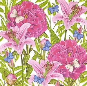 R572# 3 x Single Paper Napkins For Decoupage Pink Peony  Lilies Flower Pattern