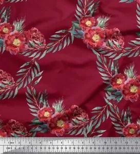 Soimoi Red Cotton Poplin Fabric Leaves & Peony Floral Printed Fabric-N5d