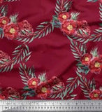 Soimoi Red Cotton Poplin Fabric Leaves & Peony Floral Printed Fabric-N5d