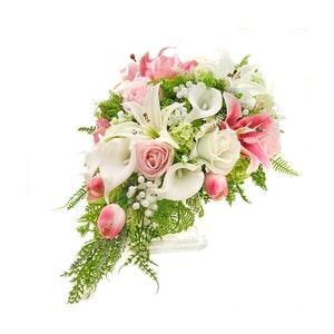 Real Touch Artificial White Ivory Pink Stargazer Calla Lily Rose Hops Babys Breath Bridal Bridesmaids Wedding Cascade Bouquet Prom Flower