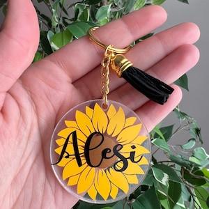 Sunflower keychain, Personalized Name keychain, Custom Name Keychain, Acrylic tassel keychain, Customizable keychain, Bridal Party gifts