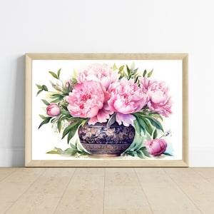 Watercolor Pink Peony Bouquet in Vintage Vase, Peonies Art, Roman Vase, Vintage Decor, Rose Bouquet, Botanical Print, Tudor Decor