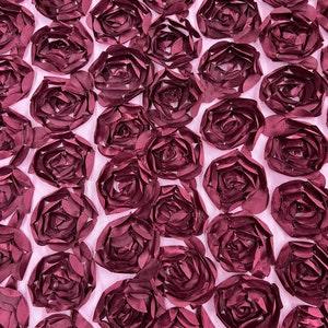 Burgundy Rosette Fabric 3D Floral Fabric By The Yard, Peony Bouquet Fabric on Mesh, 3D Rosette Satin Fabric Wedding Decor.