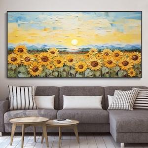 Large Sunflower Flower Field Art Impressionist Sunrise Landscape Canvas Oil Painting Custom Yellow Sunflower Textured Wall Art Birthday Gift